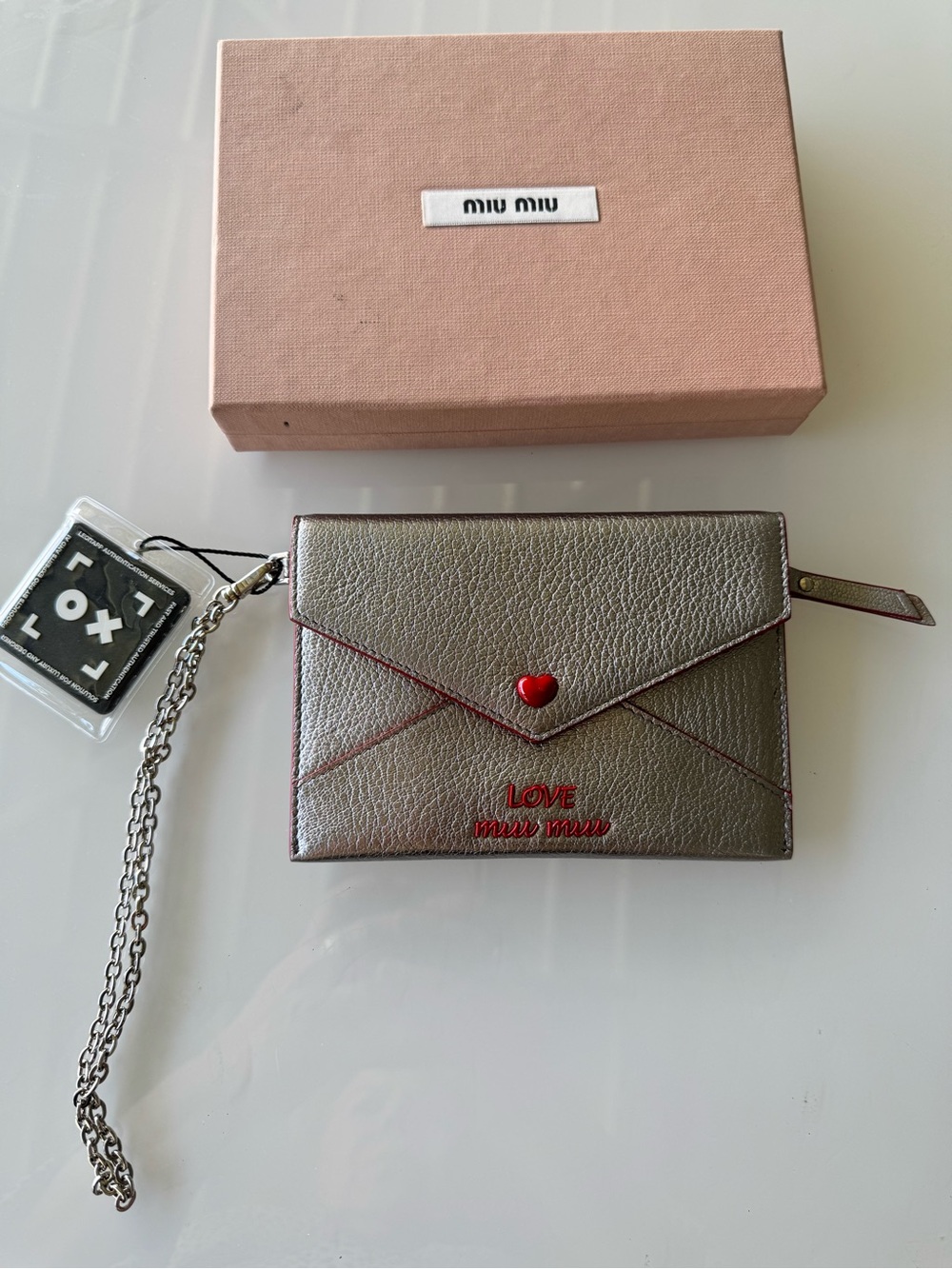 Miu Miu Metallic Envelope Card Holder with Red Heart Detail